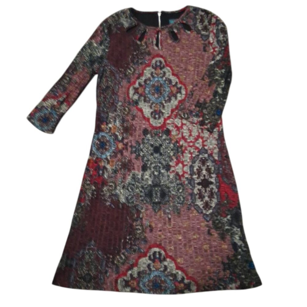 Gabby Skye Jewel Tone Paisley Knit Dress W/Teardrop Cutout Neckline Sz 12